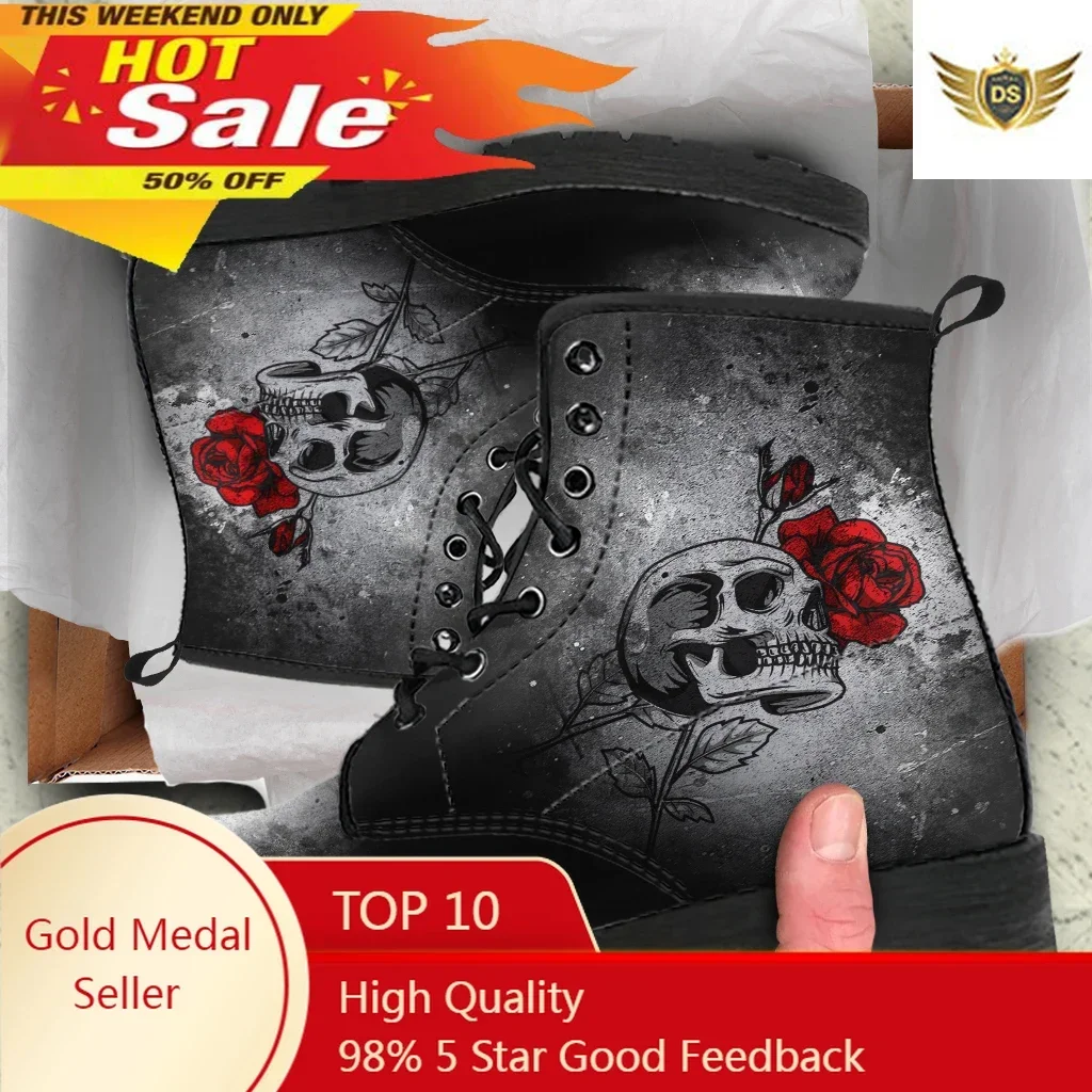 

Skull Rose Print All Season Boots For Women Casual Ankle Female's Boot Temperament Sneaker Ruber Sole Booties Print On Demand