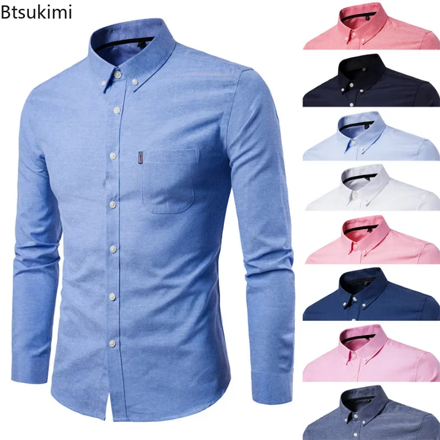 2024 Oxford Cotton Shirt Men Solid Casual Slim Fit Stand Collar Mens Formal Dress Shirts Long Sleeve Party Shirts Male Camisetas