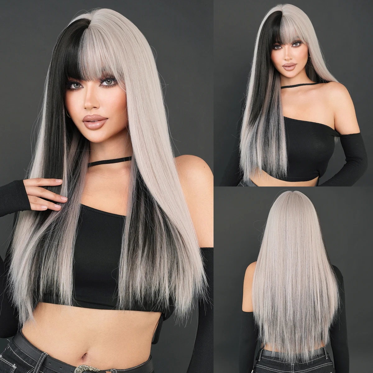 

NAMM Long Body Straight Silver Ash Hair Wig With Bangs For Women Daily Party High Density Hair Ombre Wigs Heat Resistant Fiber