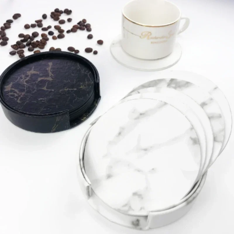 6pcsMarble Coaster Artificial Leather 10cm Oil and Water Resistant Heat Resistant With Base Double Sided Leather Coffee Coasters