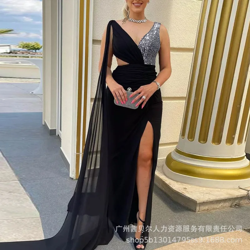 

Women High Waist Sleeveless V Neck Sequined Contrast Mesh Cutout High Slit Party Dress Formal Party Evening Floor Length Dress