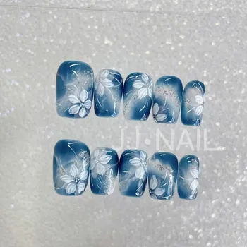 10PCS Blurred Flowers Short Coffin Handmade Press on Nails with Blue Gradient Sweet Cat Eye Glossy Fake Nails Wearable gel nails