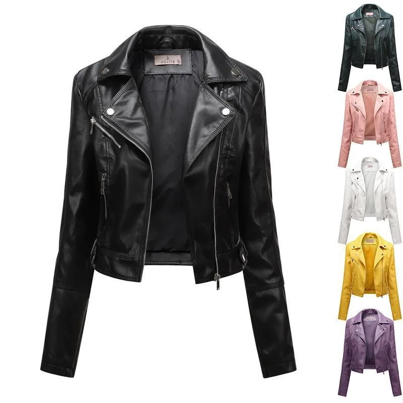 2023 New Large Size Women's Leather Jacket Slim Overcoat Thin Spring Autumn Outwear Motorcycle Suit Lapel Leather Short Coat spring and autumn corduroy men s shirt long sleeve slim lapel solid color soft large size motorcycle style thin jacket