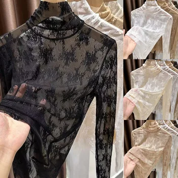 Sexy Women Long Sleeve Lace Blouses High Collar Inner Wear Lace Crochet T Shirt Base Tunic Top Perspective Vintage Bottom Blouse 1