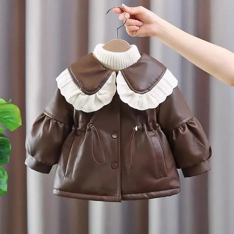 Baby Padded Jacket Winter Thick Warm Pu Coat Girls Lapel Cotton Clothes New Plus Velvet Outerwear Children's Parkas Kid Snowsuit