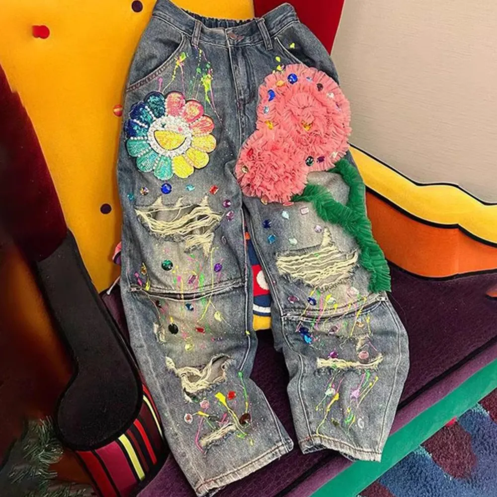 

Новые джинсы с бусинами и отверстиями для женщин, свободные прямые штаны с высокой талией и трехмерными цветами