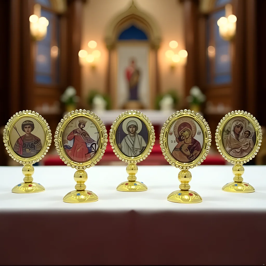 HTISOK 3,35" Ost-orthodoxes Symbol mit Zinklegierungs-Strasssteinen und vergoldeter Saints-Stick-On-Basis der Jungfrau Maria für das Armaturenbrett des Autos – Detail 8