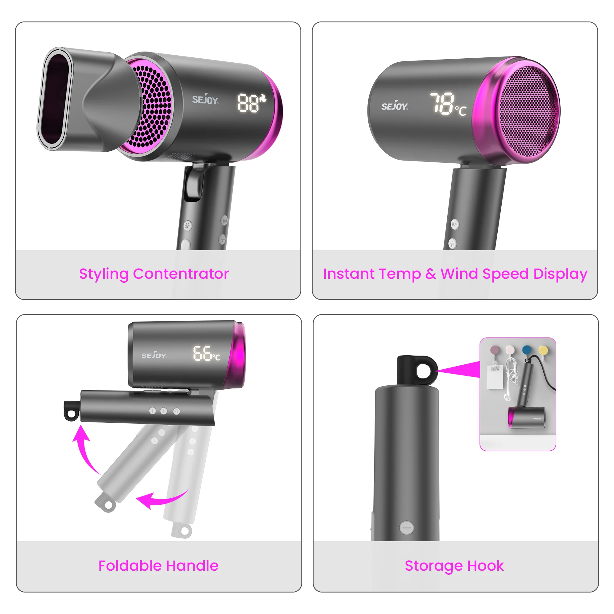 Sejoy High Speed Hair Dryer, 1800W Powerful Fast Blow Dryer, LED Display Negative Ion Hair Dryer Compact for Travel 5