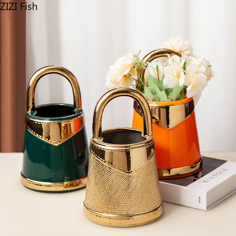 Golden Handbag Shape Ceramic Vase Flowers Pots Desk Decoration Flower Arrangement Creative Floral Vases Room Aesthetic Decor 3