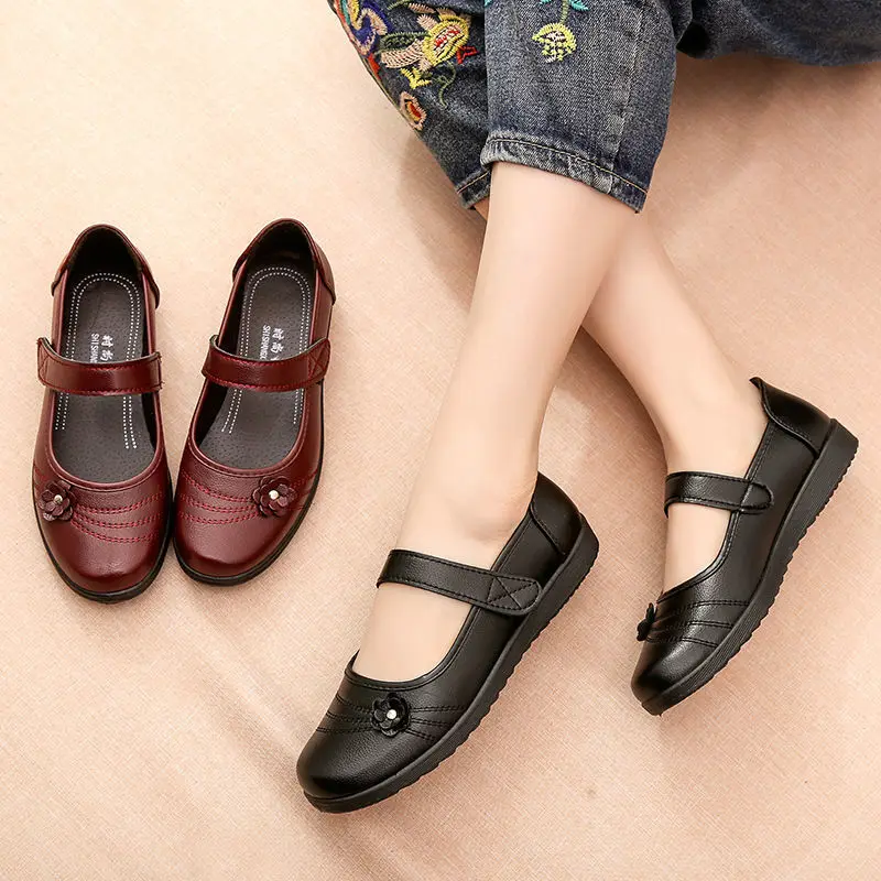 Spring Summer Women New Flat Shoes Ladies Mary Janes Shoes Non-slip Female Leather Footwear Soft Sole Comfortable Mom Shoe