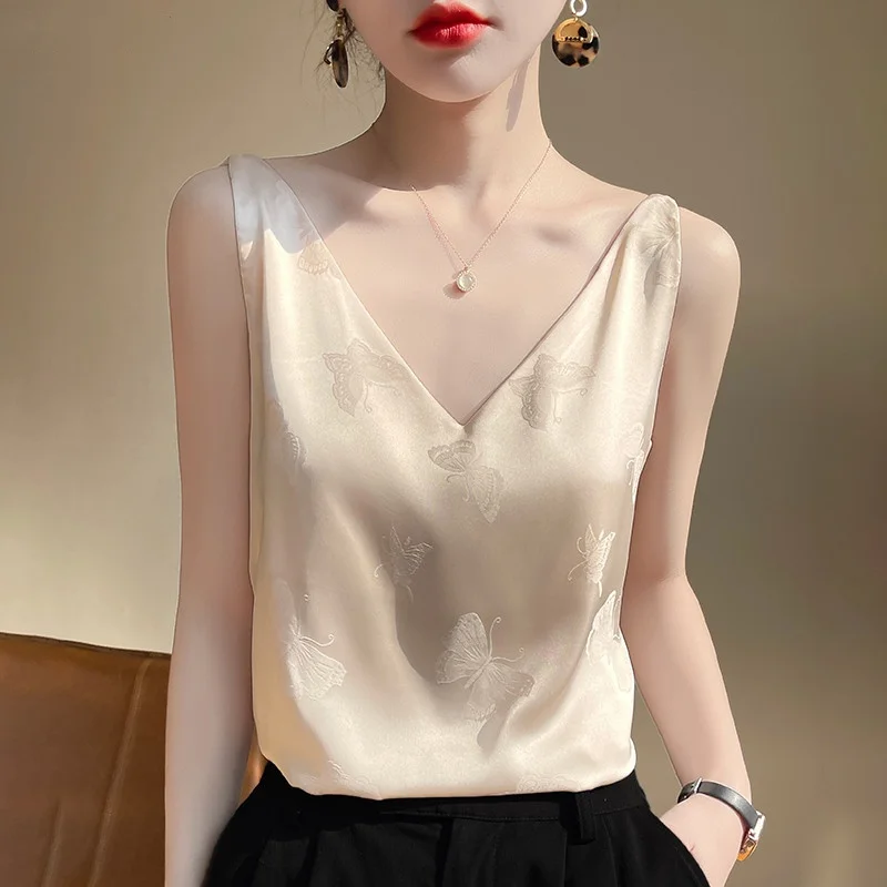 

Summer New V-Neck Silk Camisole Ladies Sleeveless Thin Vest Jacquard Satin Tops Mulberry Silk Loose Sling Inside Bottoming Shirt