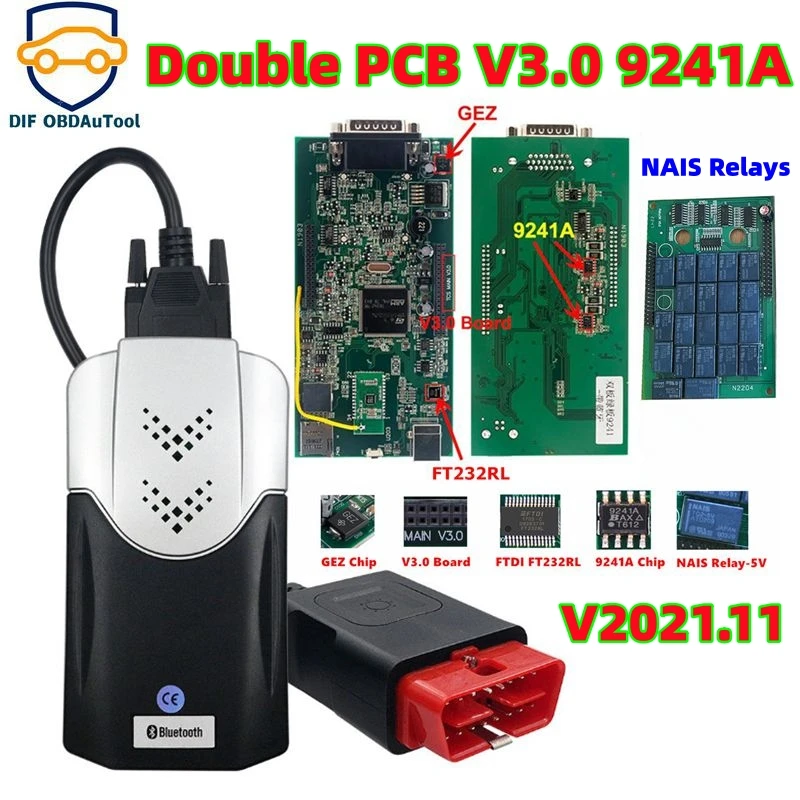 VD150 Bluetooth V3.0 2021,11 Бесплатная генерация ключей зеленая двойная печатная плата реальный 9241A чип NEC/реле NAIS для автомобилей/грузовиков TCS VCI Multidiag PRO