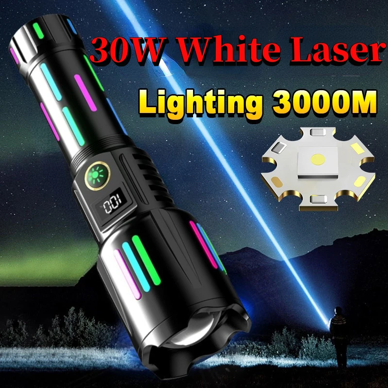 3000 Meter Long-Range White Laser Flashlight with Luminous Strips TYPE-C Rechargeable Zoomable Camping Search Spotlight