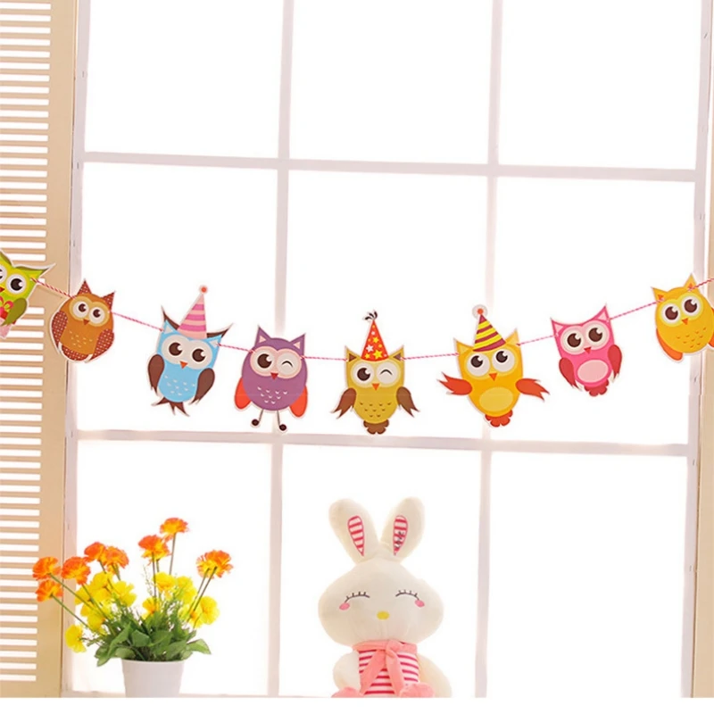 1.8M Cute Cartoon Owl Flag Pulling Banner Children's Birthday Baby Party Animal String Flag Hanging Bunting Background DIY Decor images - 6