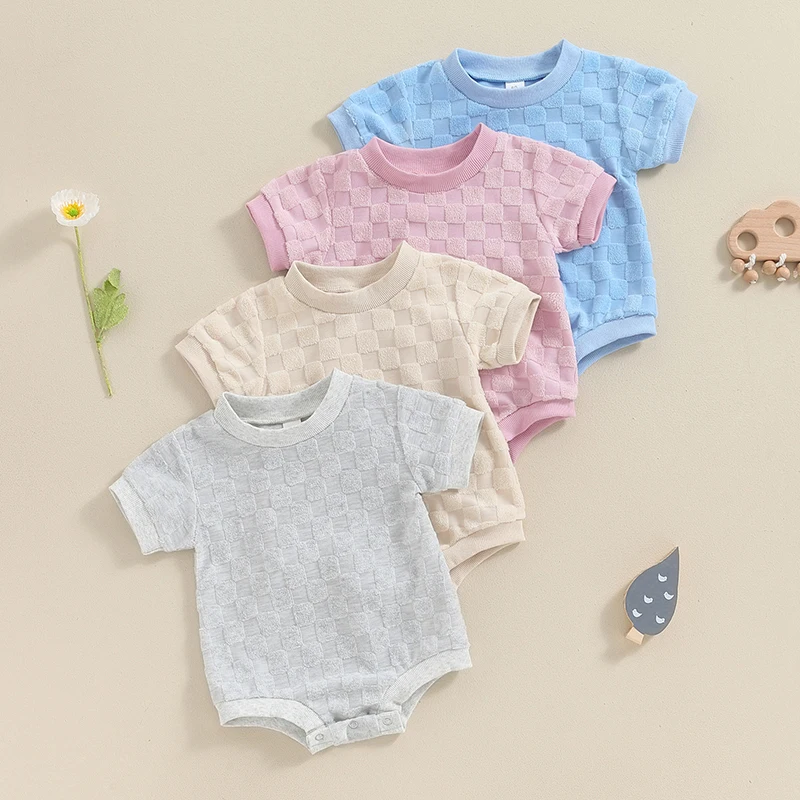 -04-18 Lioraitiin Cute Baby Boys Girls Bodysuit Short Sleeve Crew Neck Checkerboard Newborn Summer Playsuit