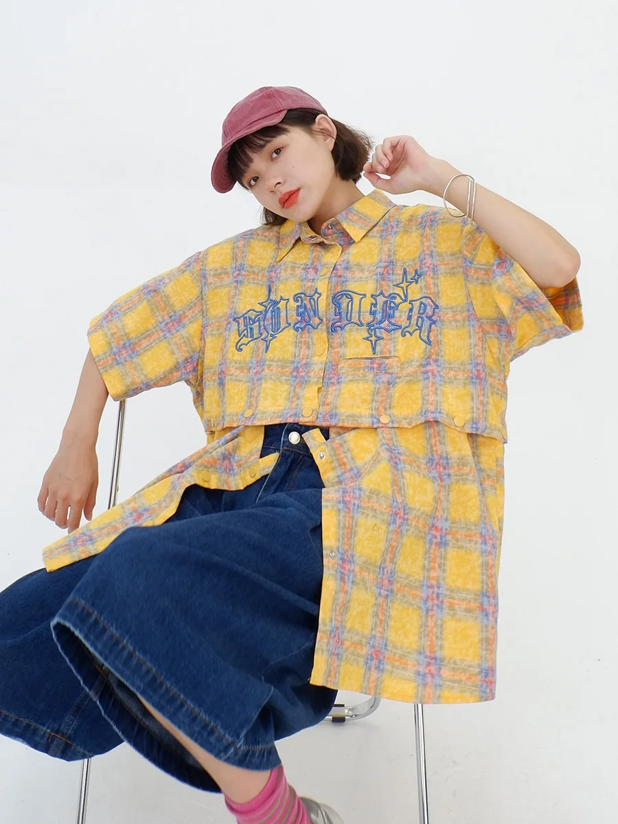 Detachable plaid short sleeved shirts for women's 2023 summer new loose fitting bf American vintage cardigan top