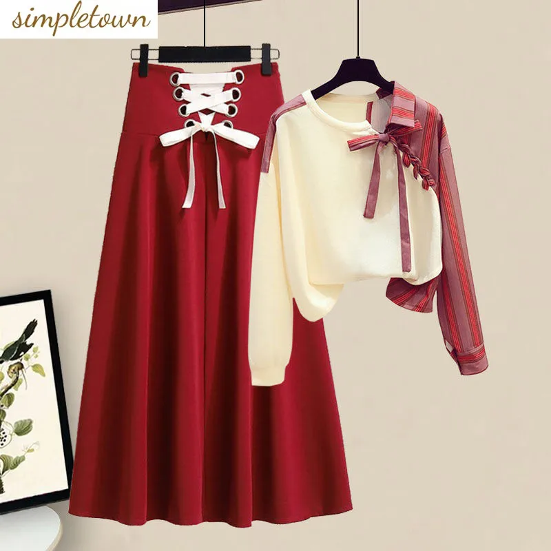 Женский весенний комплект, новинка 2023, женская одежда большого размера, модная комбинированная рубашка, топ с юбкой средней длины, Модный комплект из двух предметов