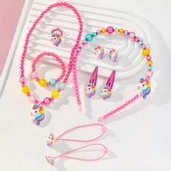 Handcrafted Unicorn Beaded Jewelry Set for Kids - Cute Animal Necklace, Bracelet, Ring, and Hair Clips for Little Princess Gifts (Set fushia 7)