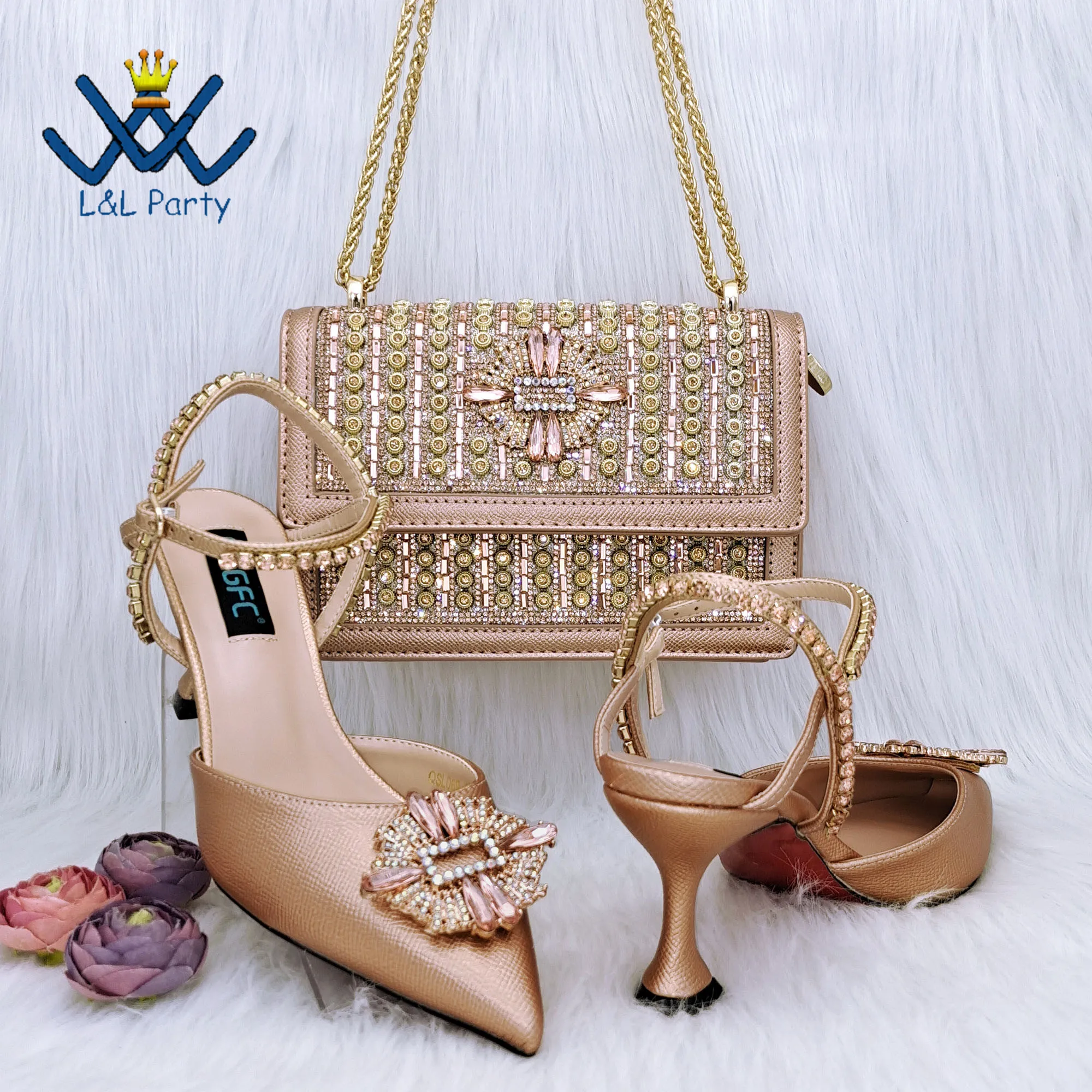 

2023 Classics Style High Quality New Arrivals Decorate with Rhinestone Ladies Shoes and Bag Set for Wedding in Peach Color