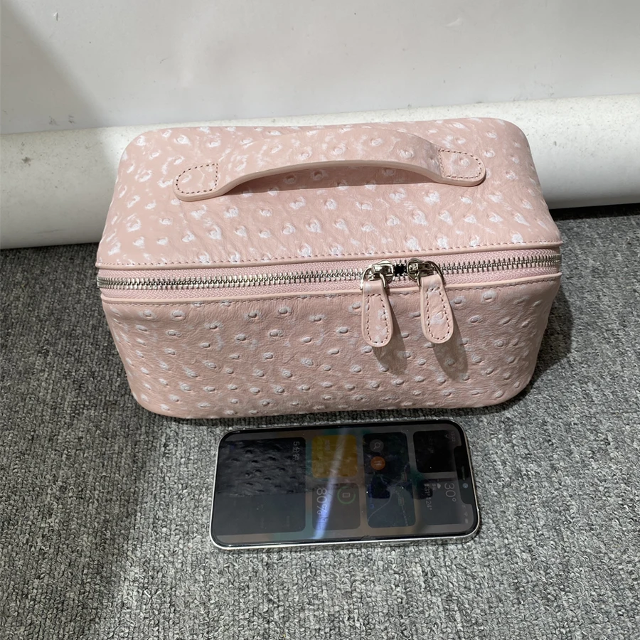 Genuine Leather Cowhide Pink Ostrich Pattern Makeup Box Bags For Women Luxury Designer Handbag New Toiletry Portable Travel Sto 3