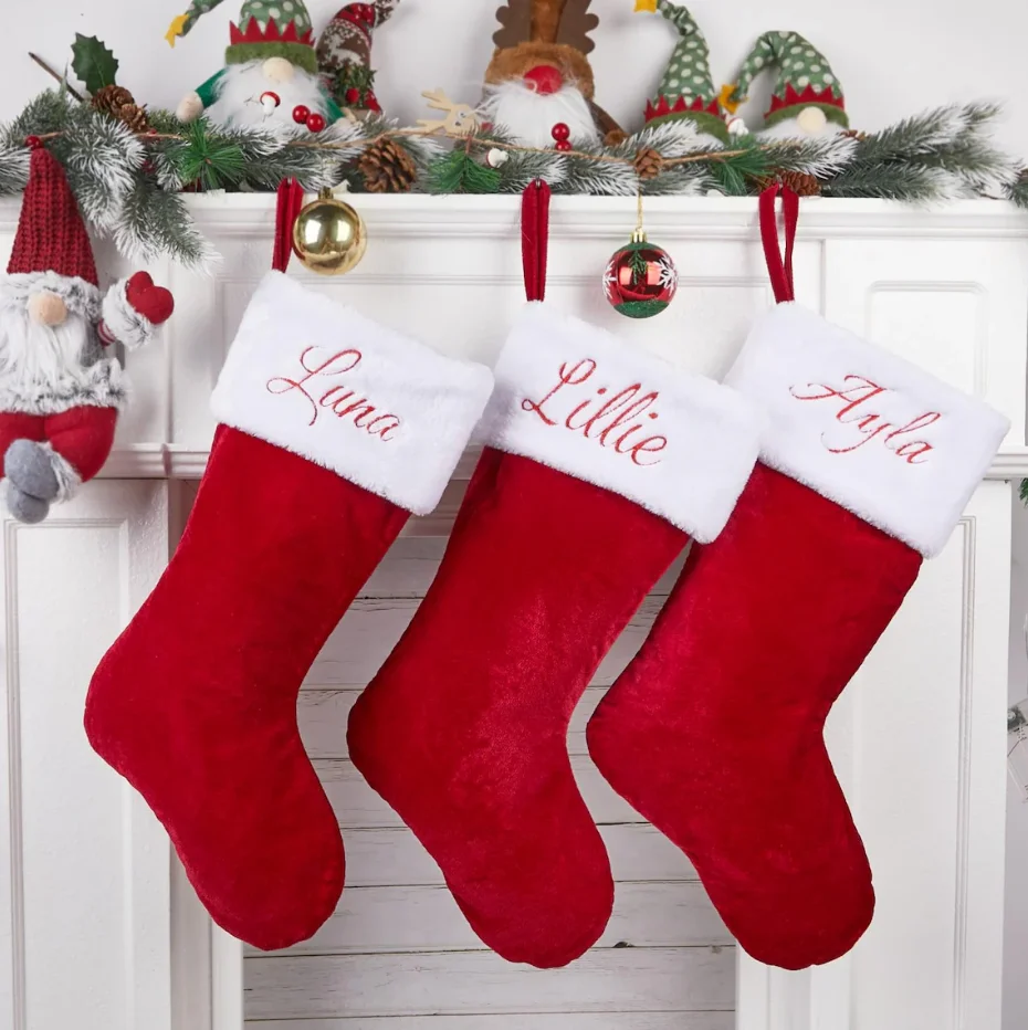 Personalized Velvet Embroidered Christmas Stocking, Monogram Stocking Decor, Stocking with Name, Christmas Gift Family Stockings