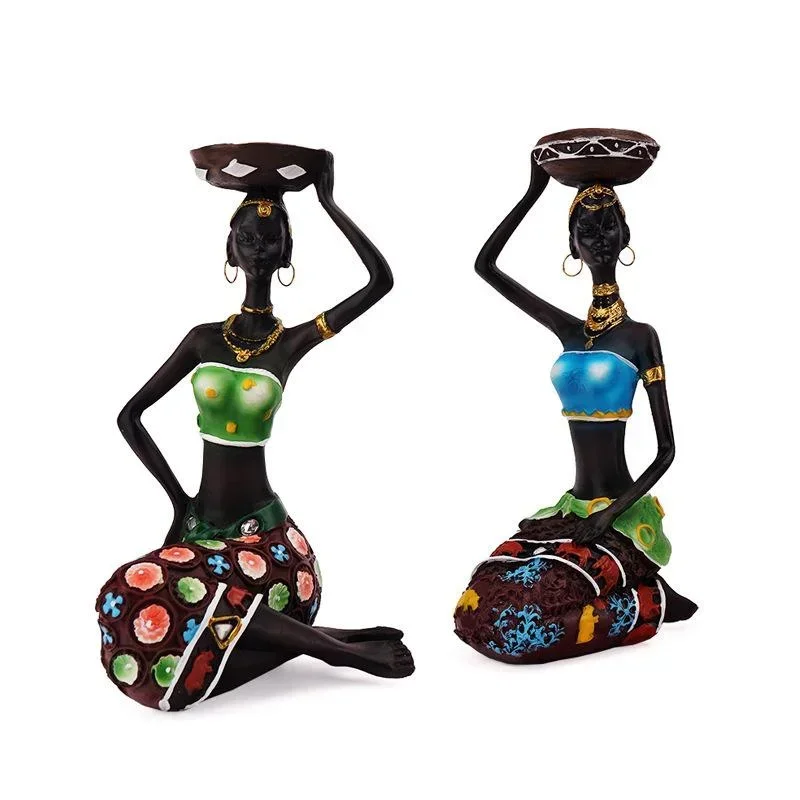 Candle Holders African Women 8.5" Decor for Table Desk Decorative Dining Room Candleholder Sculptures Resin Candlestick Vintage