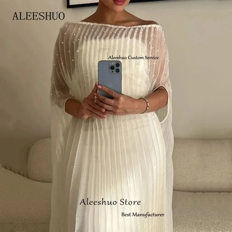 Aleeshuo, простые белые прямые платья для выпускного вечера, блестящие платья с жемчугом и коротким рукавом, вечерние платья, женское платье для выпускного вечера, 2024