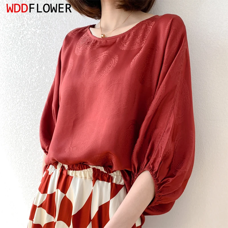 Women Silk Blouse 100% Mulberry Silk 21 Momme Jacquard Red Loose Type O ...