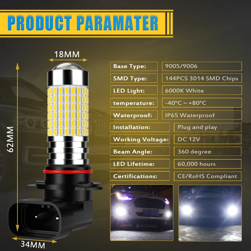 2Pcs 50W 9005 HB3 LED Fog Lights DRL Bulb for VW Passat B6 B5 Golf 7 6 5 Touareg Tiguan Jetta Polo H10 Auto Lamp White 6000k 12V