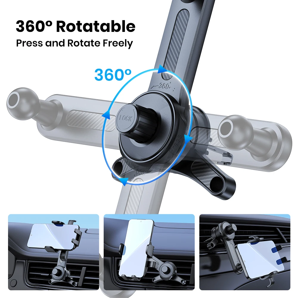 Car Phone Holder 3-Point Support 360° Upgraded Extended Hook Design Metal Air V