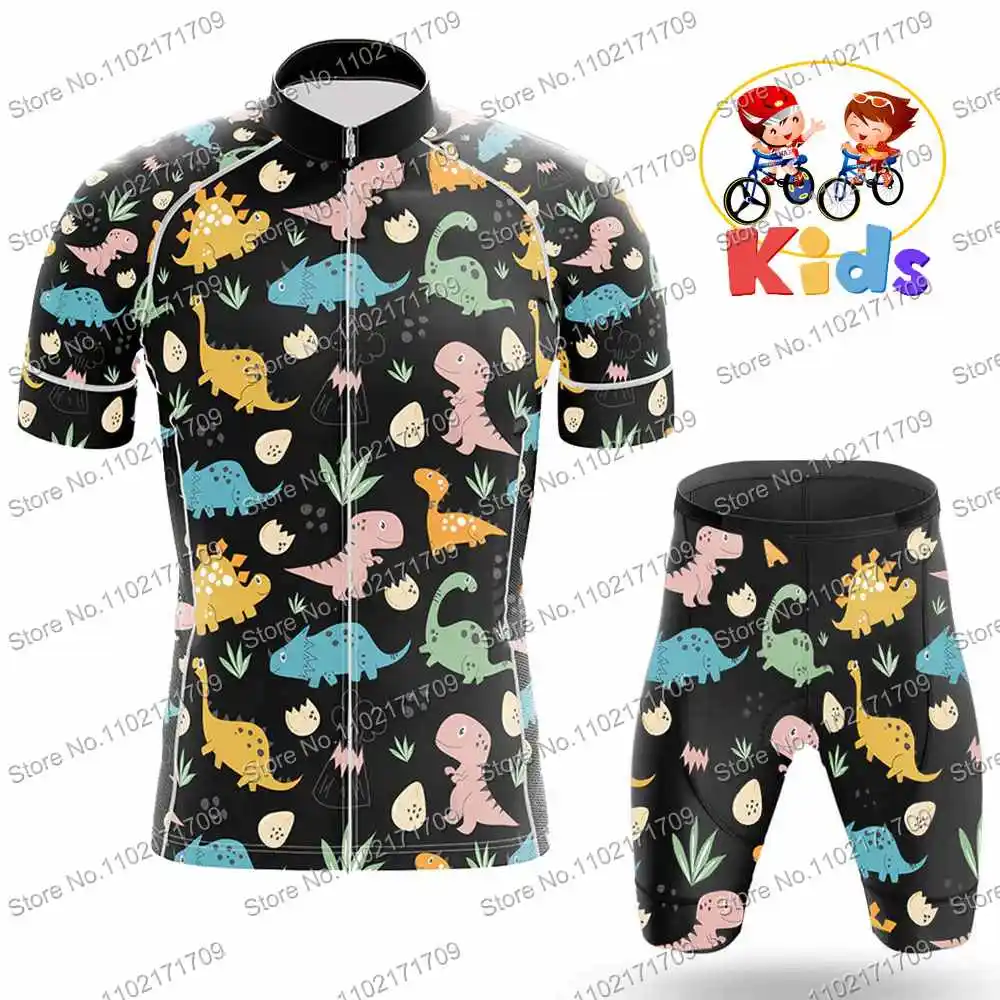 Kids Dinosaur Pattern Funnny Cycling Jersey Set Short Sleeve Quick Dry Road Bike Shirts Suit Blue Black Bike Wear MTB Maillot