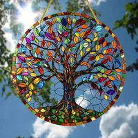 Stained Glass Window Wall Hanging Ornament With Gold Rope Round Tree Of Life Suncatcher Home Decoration Housewarming Gifts 1