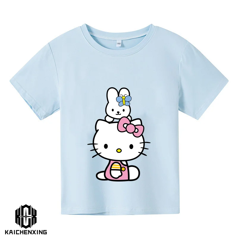 

Футболка с рисунком Hello Kitty для детей, модная женская Повседневная летняя футболка с коротким рукавом для маленьких мальчиков