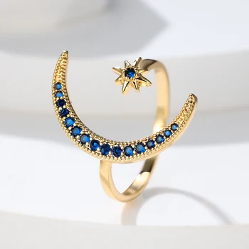 Boho Minimalist Blue Stone Female Stacking Star Moon Rings For Women Gold Color White Crystal Opening Ring Wedding Bands Gifts