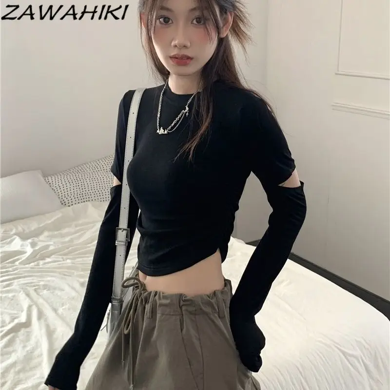 

Black Irregular Hollow Out Long Sleeve T Shirt Women Fall Designed Chic Slim Solid Color Y2K Pleated Kpop Aesthetic Clothes