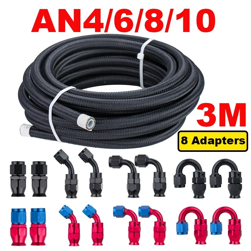 

10FT 3M Universal AN4/6/8/10 PTFE Fuel Line Kit Nylon Stainless Steel Braided PTFE Fuel Hose with 8pcs Hose End Fitting Adapters