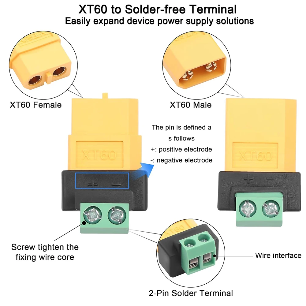 10/8/6/1PCS XT60 커넥터 나사식 터미널 어댑터 XT60 남성/여성-2PIN 솔라 패널 드론용 무납땜 전원 플러그