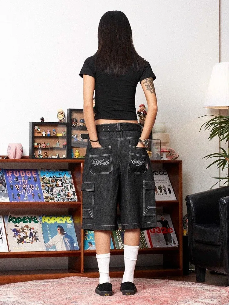 Deeptown Y2k Harajuku Streetwear Baggy Jeans Shorts Women American Retro Casual Embroidery Hip Hop Loose Wide Leg Denim Pants