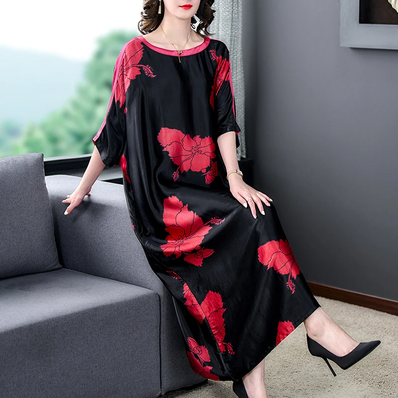 

2023 Black Floral Silk Loose Waist Party Evening Dress Women Korean Vintage Hepburn Prom Dress Summer Elegant Luxury Night Dress