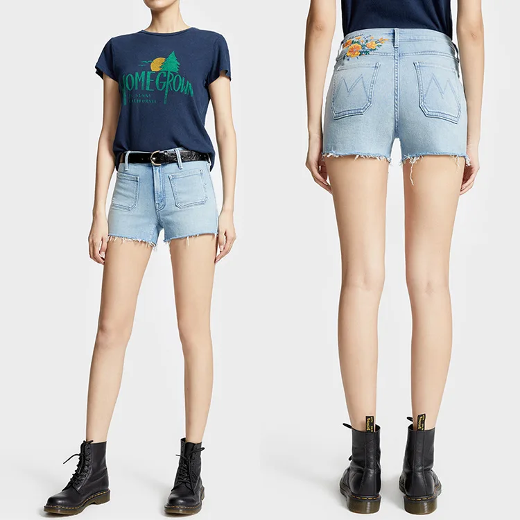 women's-printed-frayed-denim-shorts-elasticity-slim-fashion-lady-shorts