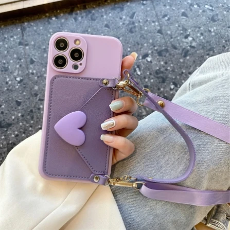 Love-Shaped Cross-Body Strap with Card Holder - Impact-Resistant Phone Case