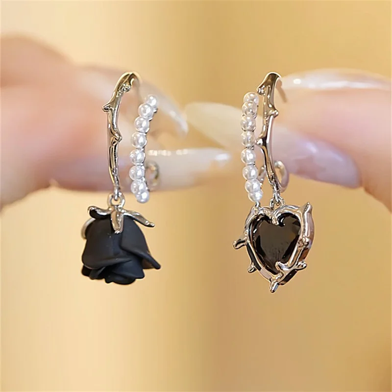 Vintage Asymmetric Black Rose Heart Drop Earrings For Women Delicate Luxury Zircon Butterfly Pearl Earring Girls Party Jewelry