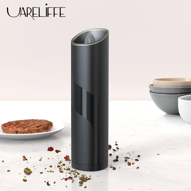 Electric gravity pepper grinder or salt grinder with adjustable thickness,  automatic pepper grinder battery, with blue LED light, DLD one-hand