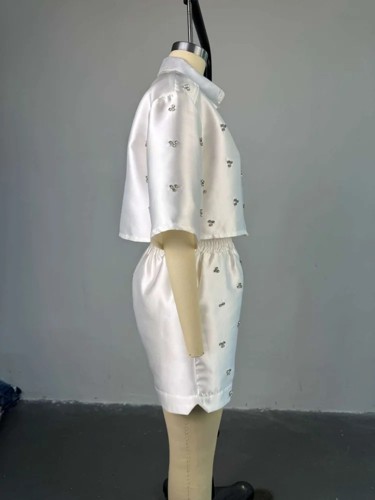 Wmstar 2025 Summer Sweet and Fresh Beaded Collar Batwing Sleeve Short Shirt and High Waisted Shorts Two Piece Set