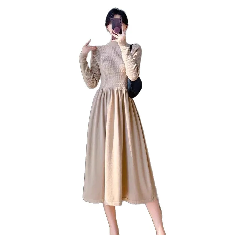 Women Summer Party Dress Long Sleeve Pleated Knee Length