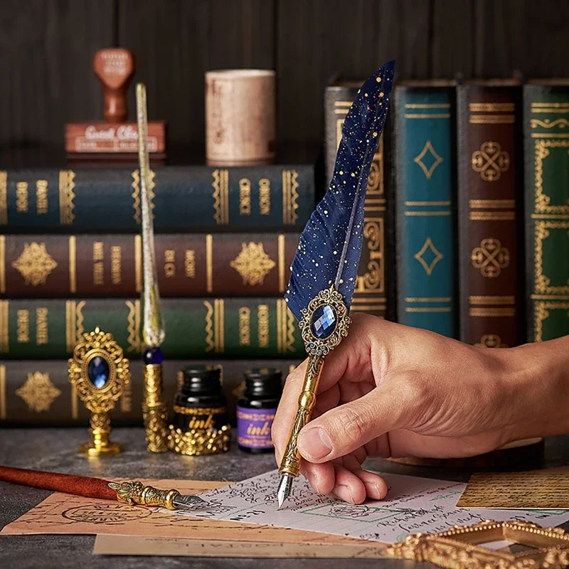앤티크 스프링클링 깃털 딥 펜, 잉크 빈티지 서예 펜 세트, 만년필, 미술 용품, 공예품, 학생 DIY 선물, 17 개