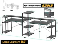 Two Person Computer Desk with Storage Shelves, 109 inches Extra Long Double Workstation Desk with Printer Shelf 2
