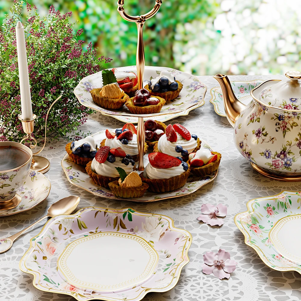 Floral Tea Party Disposable Tableware 9inch Plates Flag Cake Rack