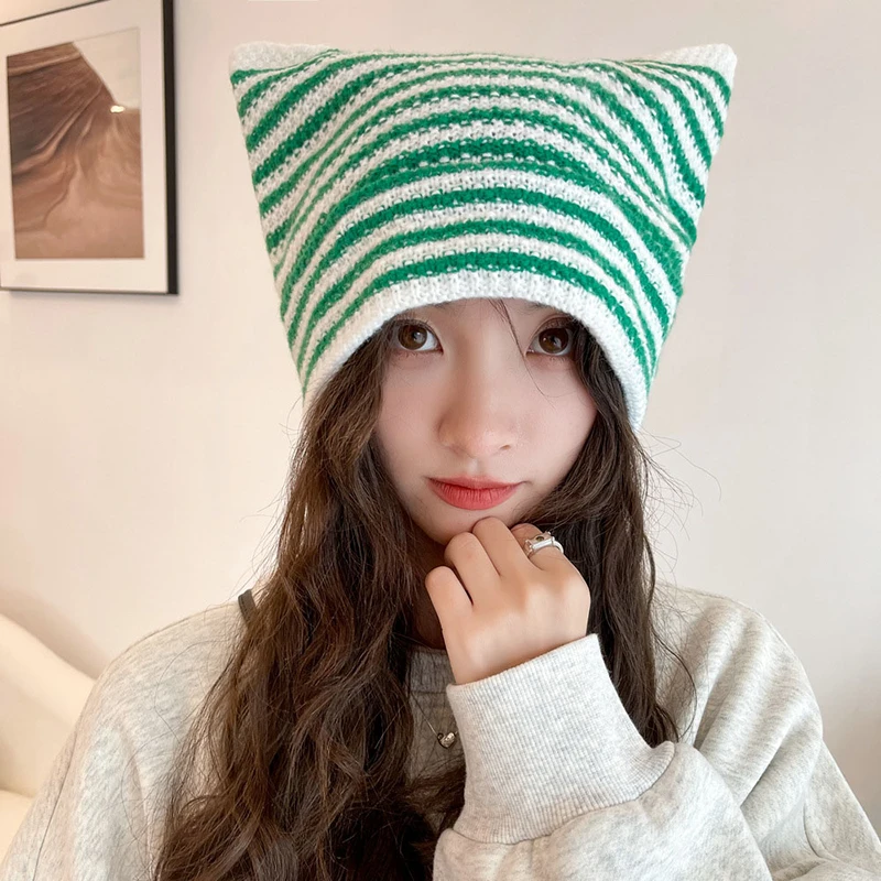 

New Japanese Streetwear Harajuku Beanie Little Devil Striped Knitted Hat Women Girls Autumn Winter Cute Cat Ears Cap