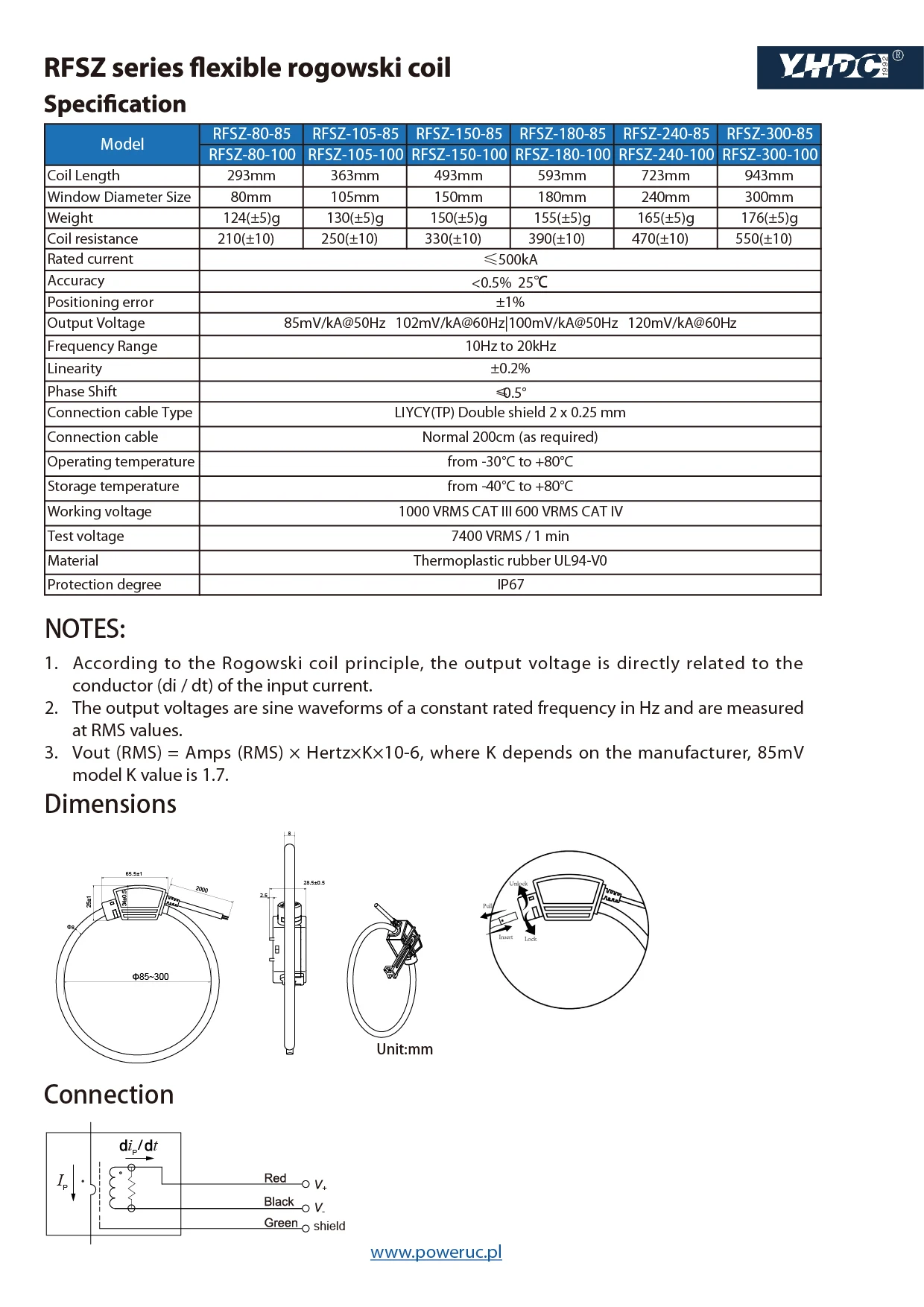 Rogowski coil RFSZ Rated current 30A-500KA output voltage 85mV/kA@50Hz –  PowerUC